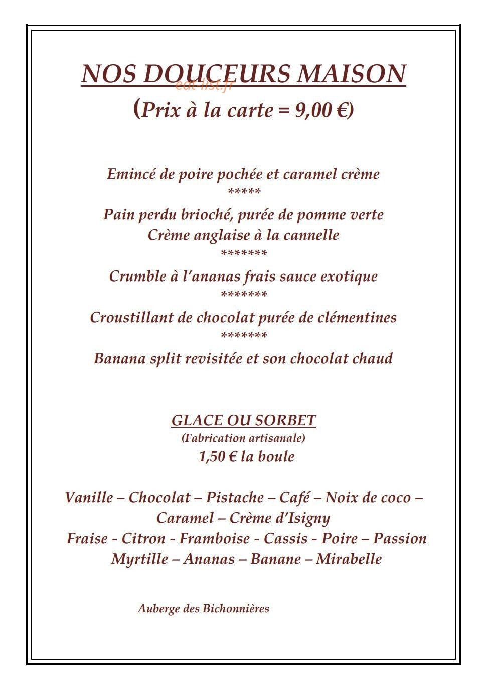 Carte et menu de Auberge des Bichonnieres à Amberieux en Dombes — Les douceurs et glaces