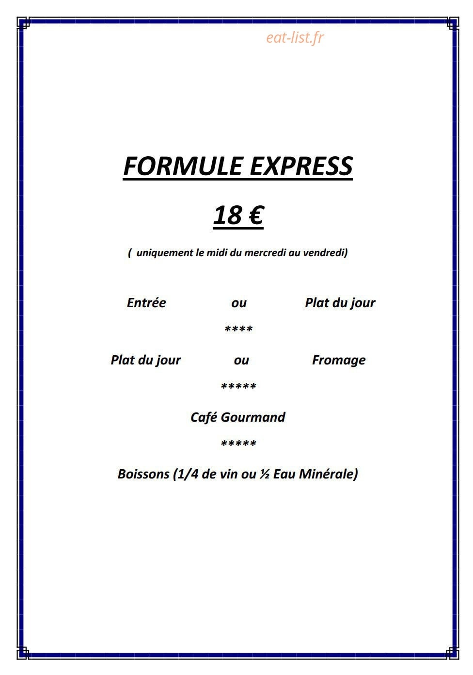 Carte et menu de Auberge des Bichonnieres à Amberieux en Dombes — La formule express