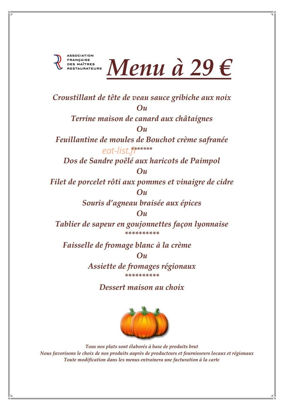 Carte et menu de Auberge des Bichonnieres à Amberieux en Dombes — Le menu à 29€