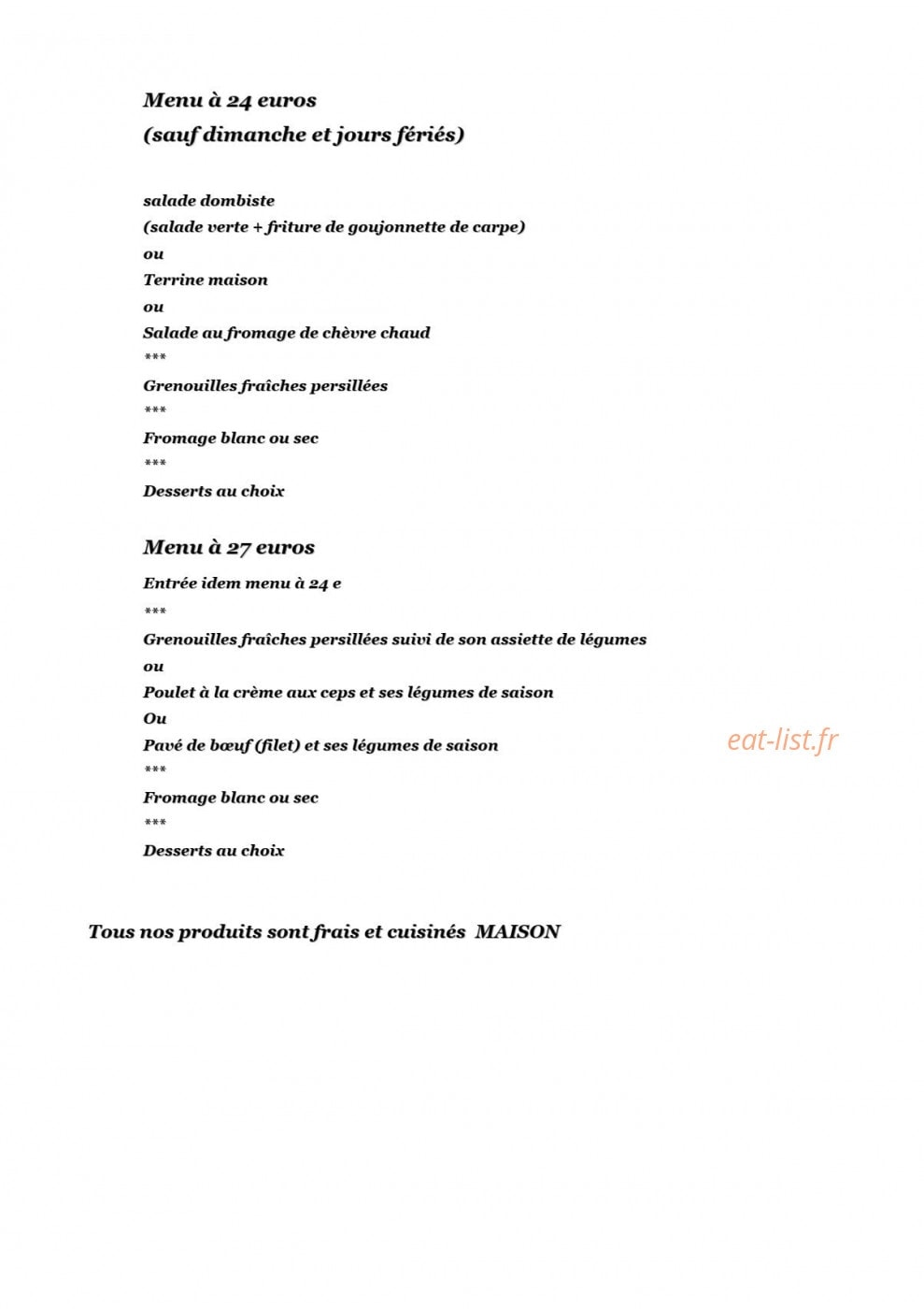 Auberge La Sauvagine — carte page 1