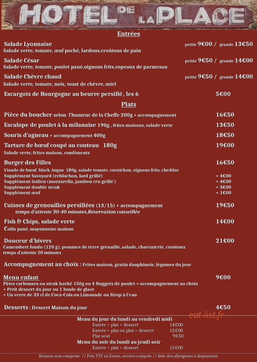 Hotel Restaurant la Place — carte page 1