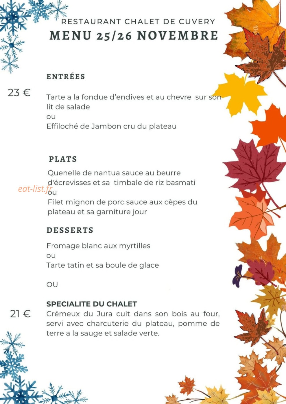 Restaurant Chalet de Cuvéry — carte page 1