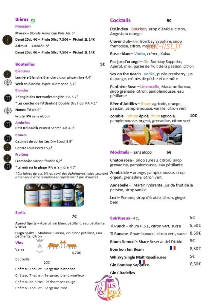 Carte et menu de Des Jus et des Jeux à Amberieu en Bugey — Les bières et cocktails