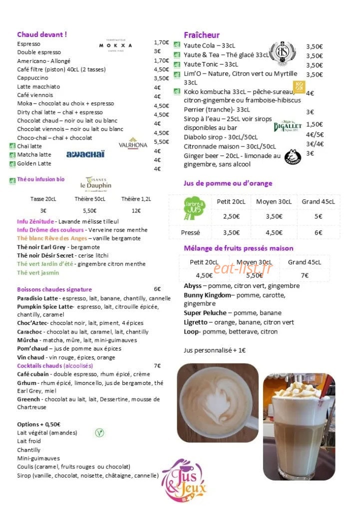 Carte et menu de Des Jus et des Jeux à Amberieu en Bugey — Les boissons chaudes et fraiches
