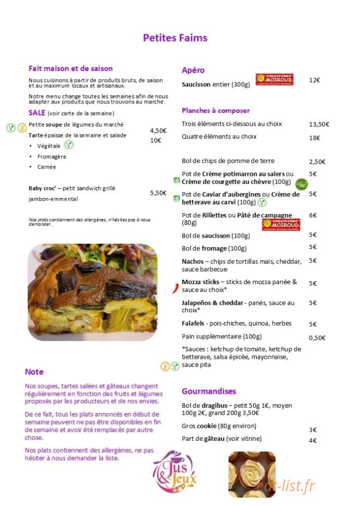 Carte et menu de Des Jus et des Jeux à Amberieu en Bugey — Les petites faims