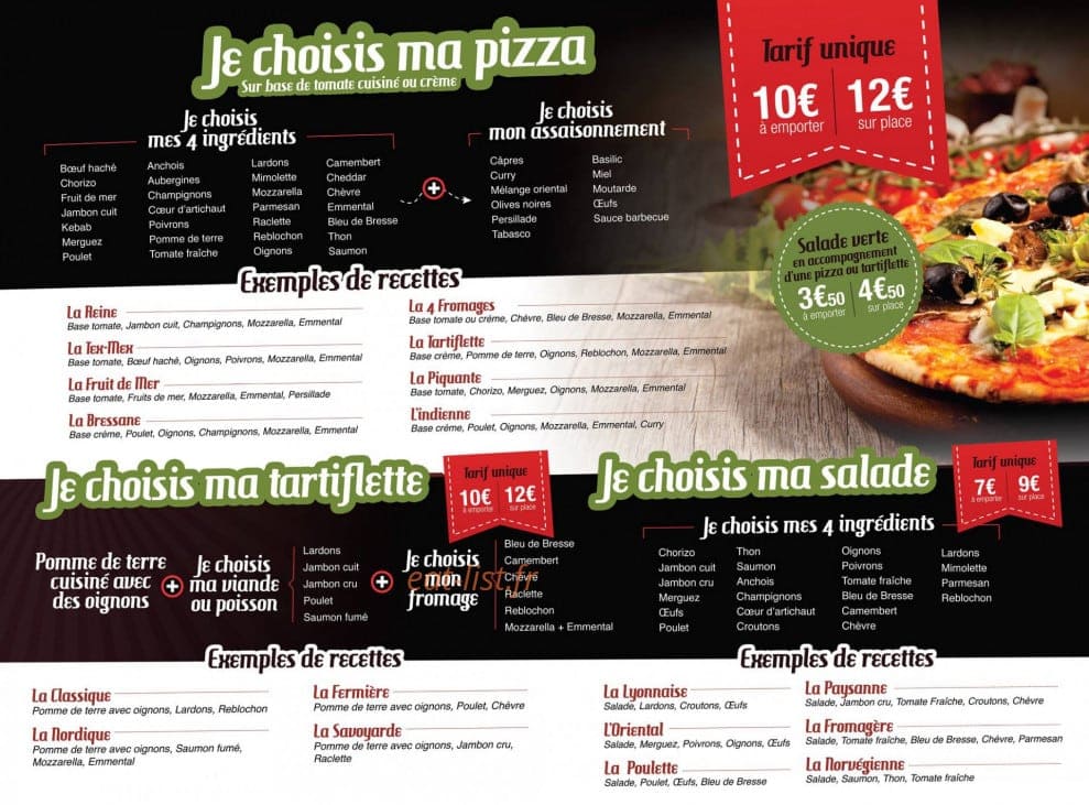 Carte et menu de Je choisis ma recette à Amberieu en Bugey — Les pizzas, tartiflettes et salades