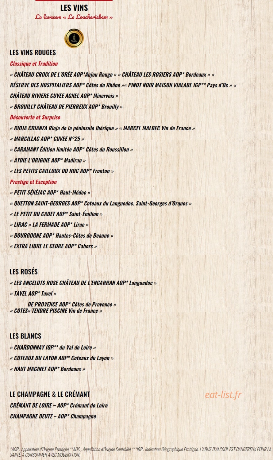 Carte et menu de La Boucherie à Amberieu en Bugey — Les vins