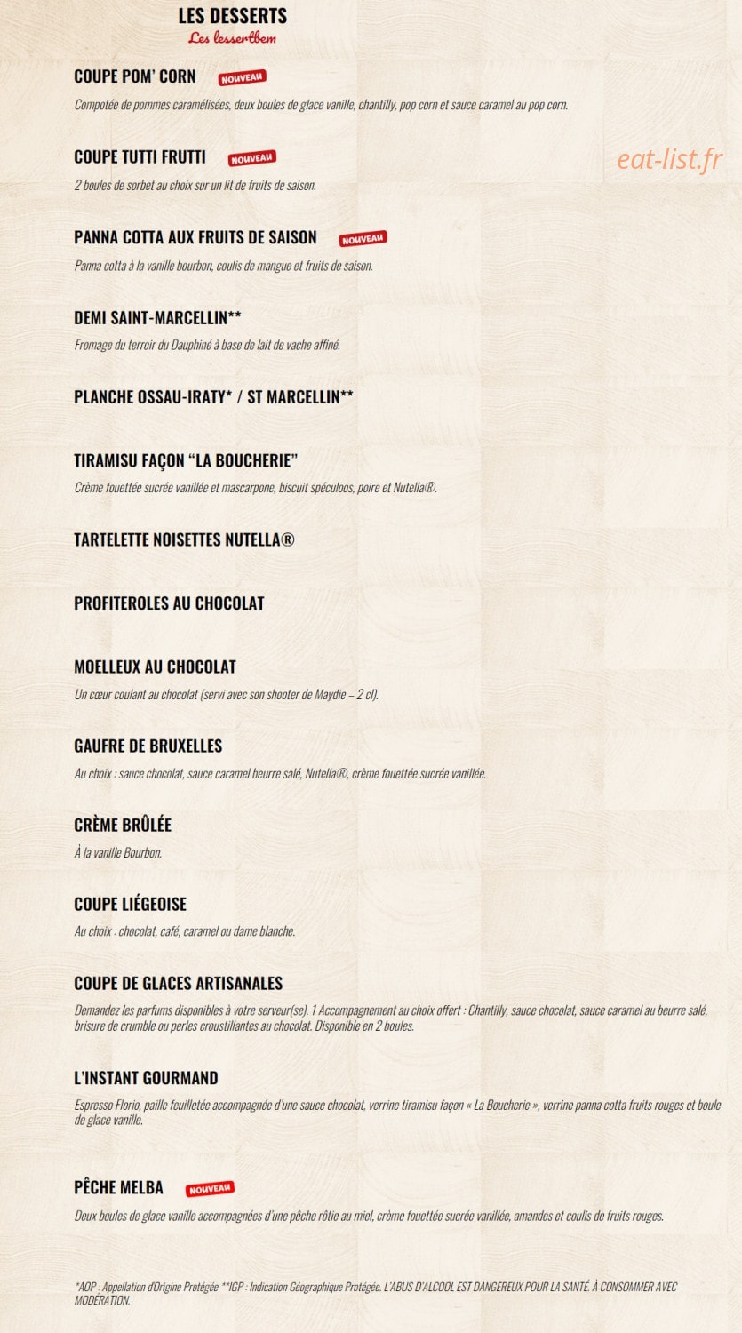Carte et menu de La Boucherie à Amberieu en Bugey — Les desserts
