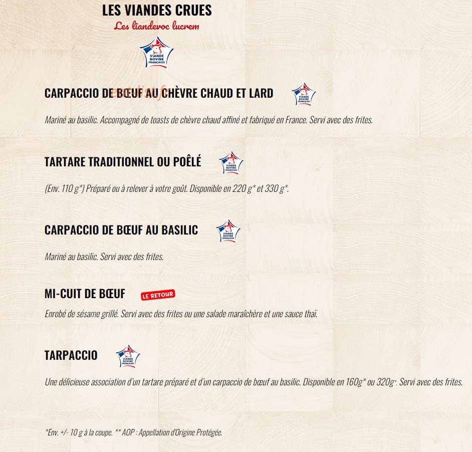 Carte et menu de La Boucherie à Amberieu en Bugey — Les viandes crues