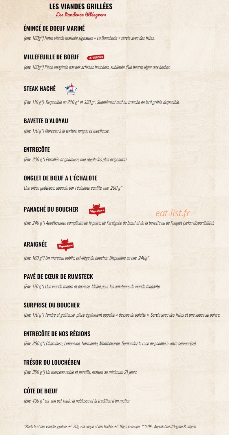 Carte et menu de La Boucherie à Amberieu en Bugey — Les viandes grillées