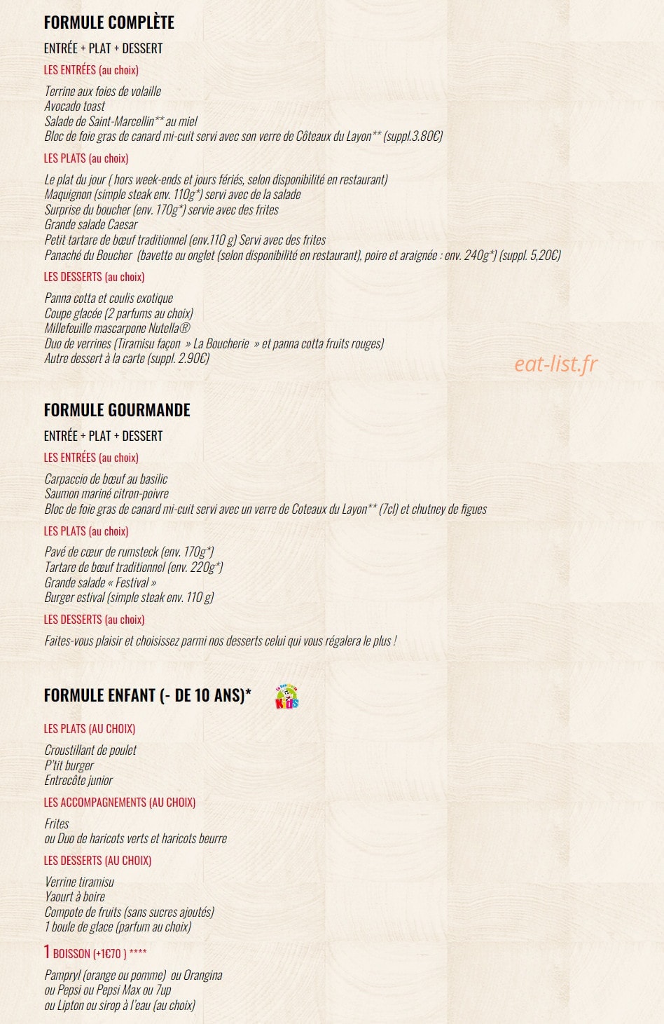 Carte et menu de La Boucherie à Amberieu en Bugey — Les formules (suite)