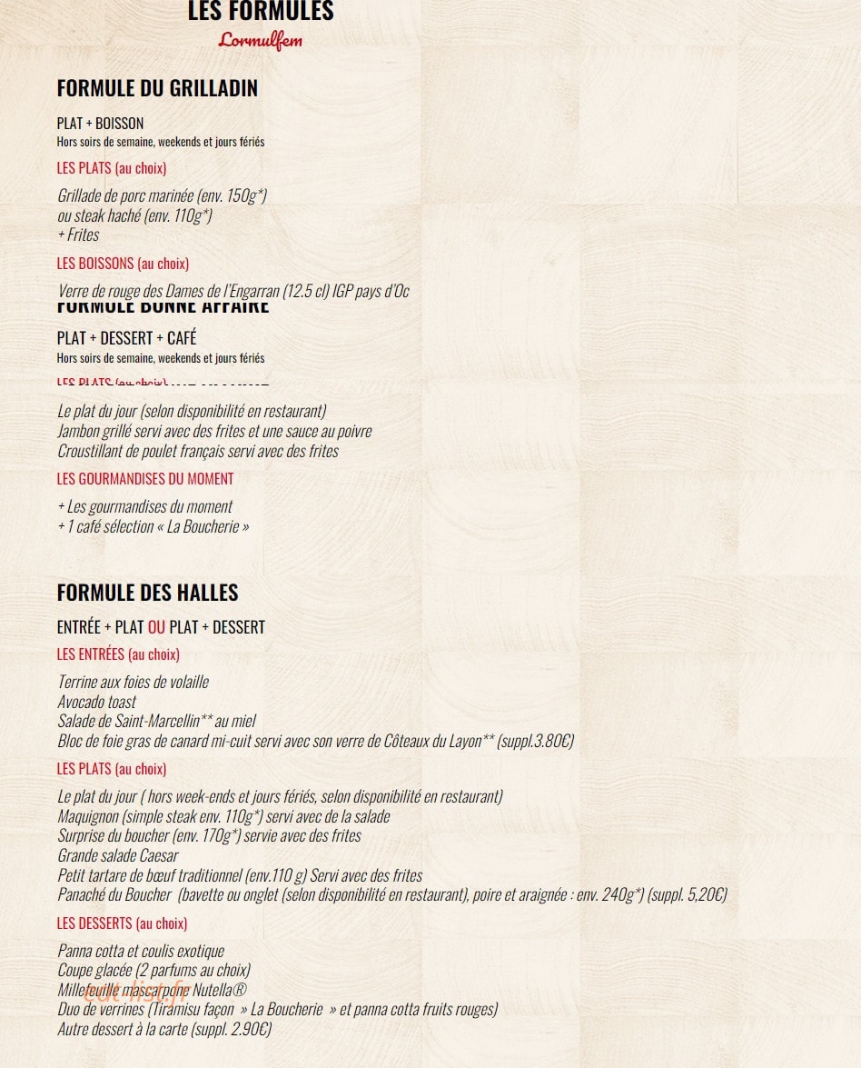 Carte et menu de La Boucherie à Amberieu en Bugey — Les formules