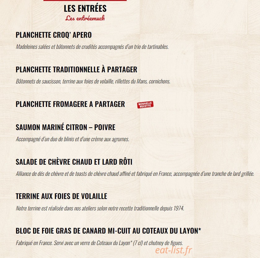 Carte et menu de La Boucherie à Amberieu en Bugey — Les entrées