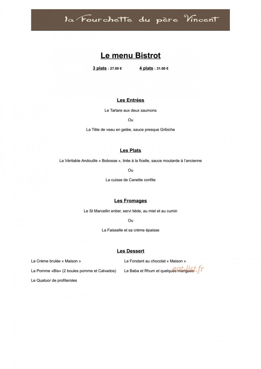 La Fourchette Du Père Vincent — carte page 2