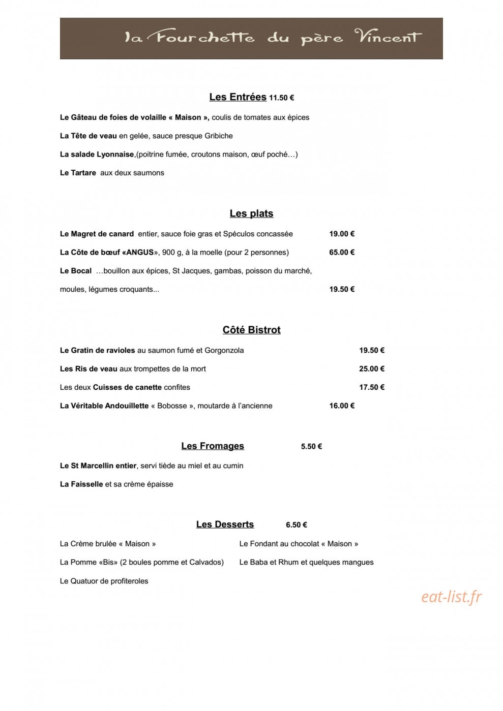 La Fourchette Du Père Vincent — carte page 1