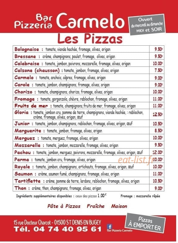 Carte et menu de Bar Pizzéria Carmelo à Saint Denis en Bugey — Les pizzas