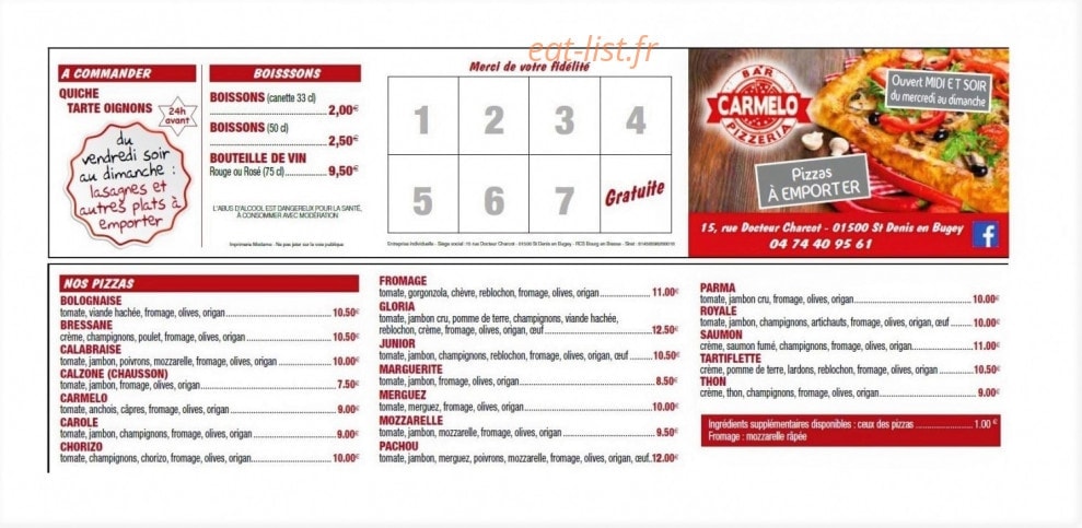 Carte et menu de Bar Pizzéria Carmelo à Saint Denis en Bugey — page 2