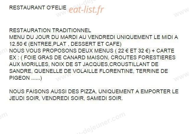 Restaurant O'Felie — carte page 1