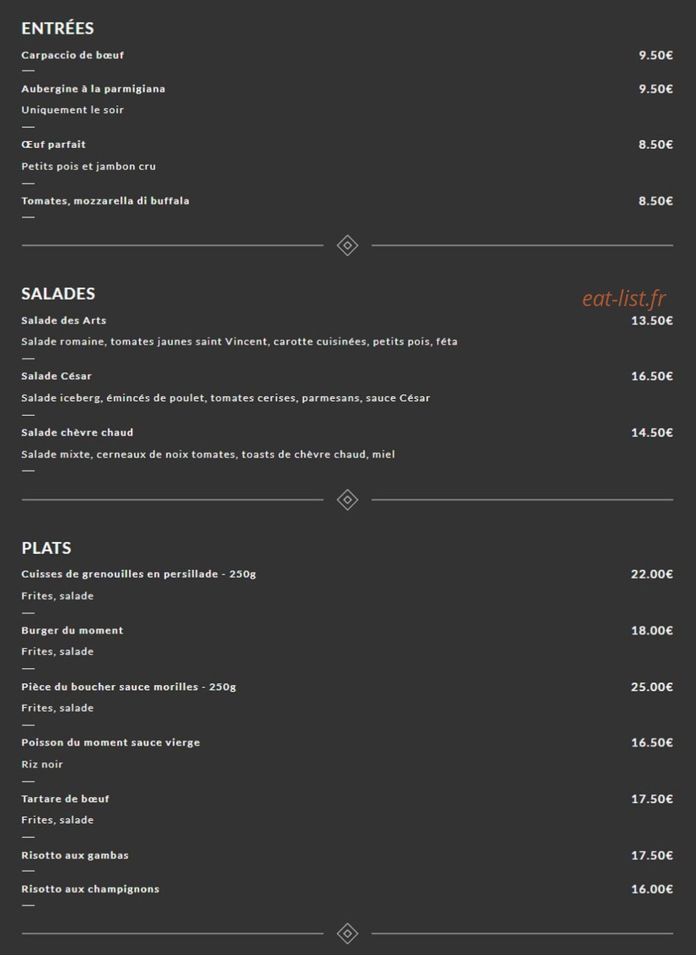 Brasserie des arts — carte page 1