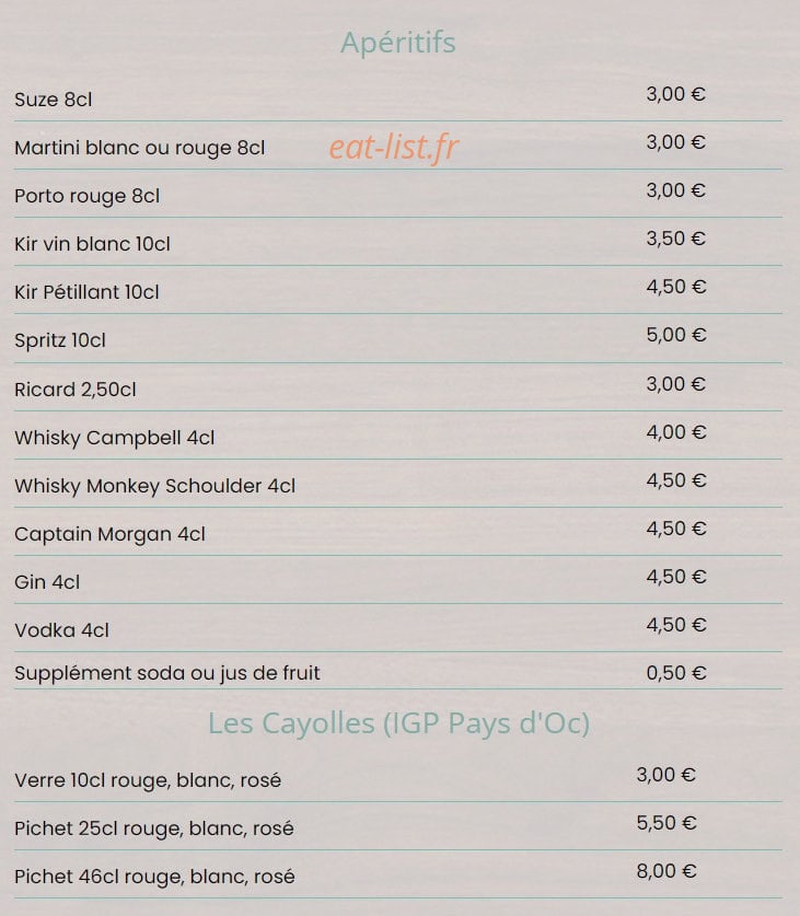 Carte et menu de Au P'tit Saint Jean à Saint Jean le Vieux — Les apéritifs et les cayolles