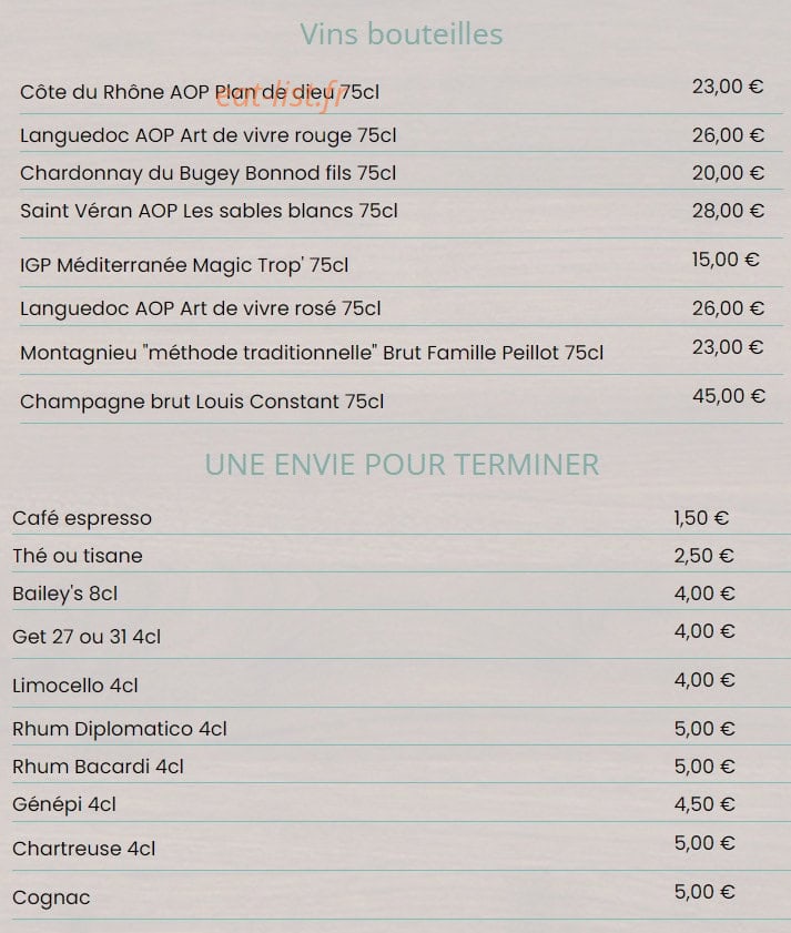 Carte et menu de Au P'tit Saint Jean à Saint Jean le Vieux — Les vins bouteilles, cafés et thés,, ...