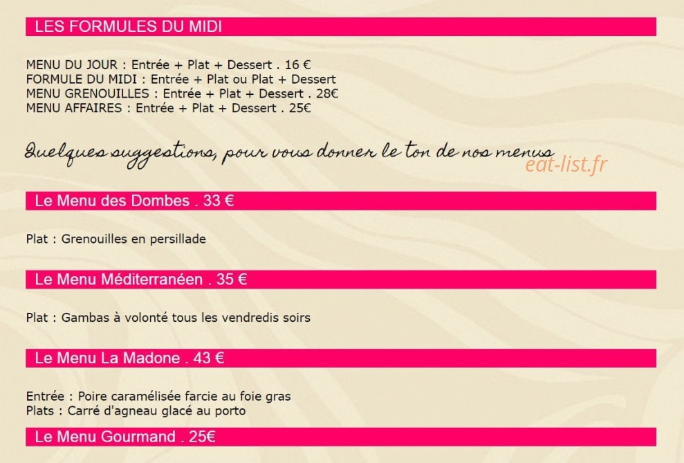 Restaurant La Madone — carte page 1