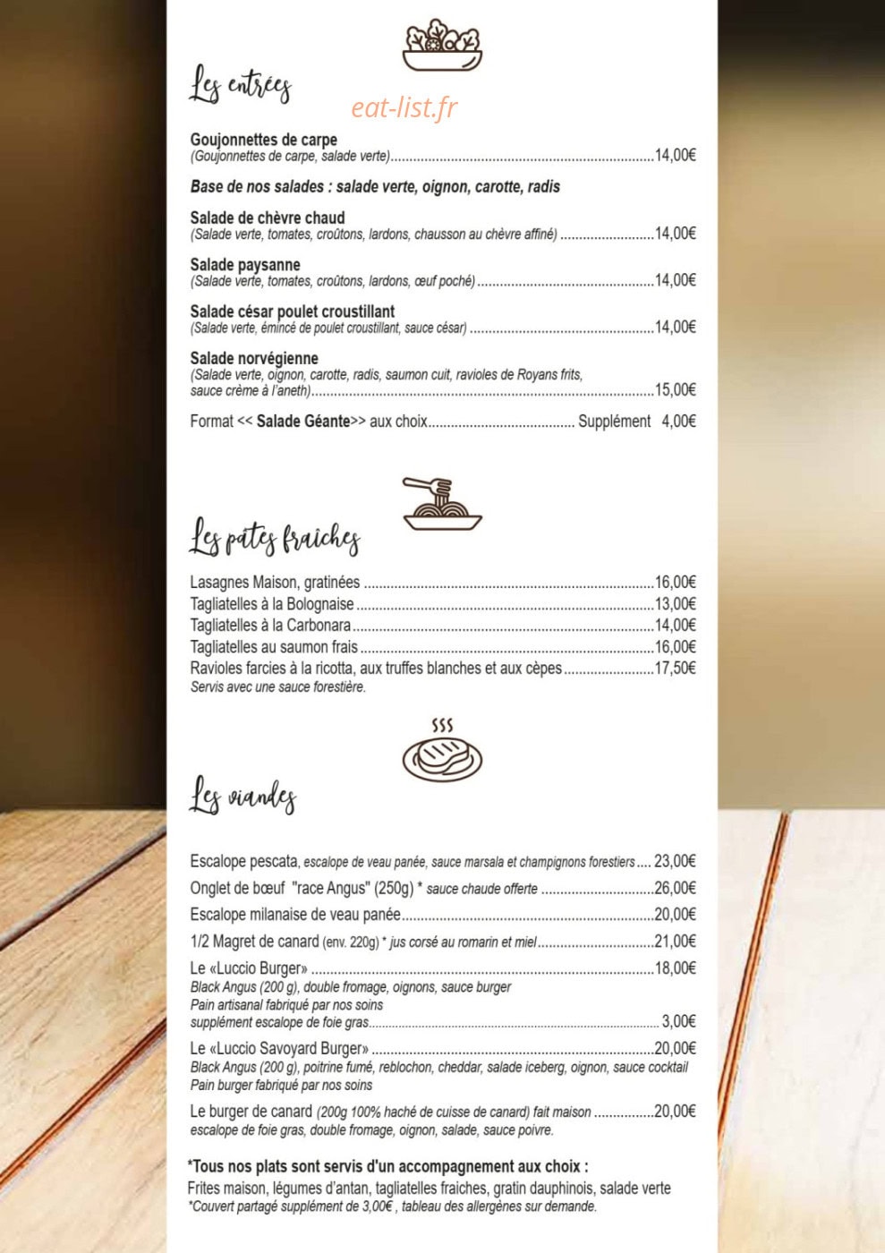 Carte et menu de Chez Luccio à Meximieux — Entrées, pates, viandes