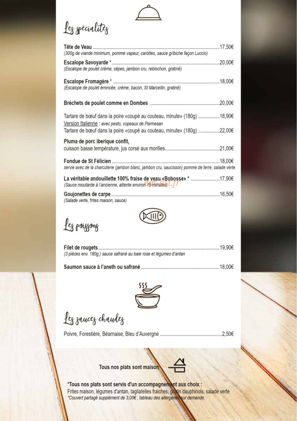 Carte et menu de Chez Luccio à Meximieux — Spécialités, poissons, sauces chaude