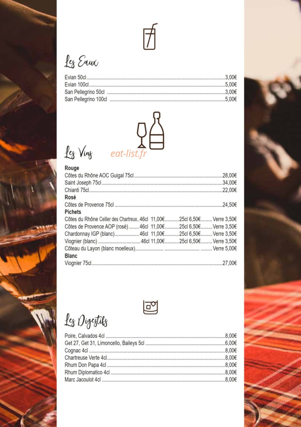Carte et menu de Chez Luccio à Meximieux — Eaux, vins, digestifs