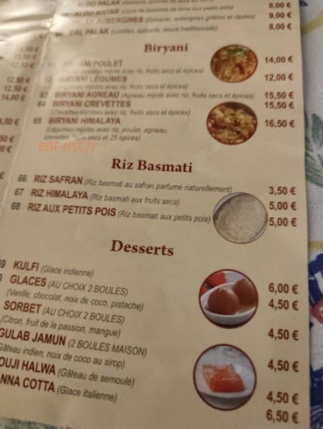 Himalaya restaurant indien — carte page 1