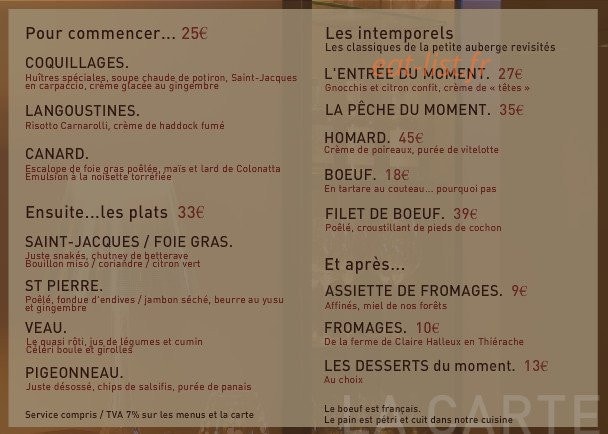 Zorn La Petite Auberge — carte page 1