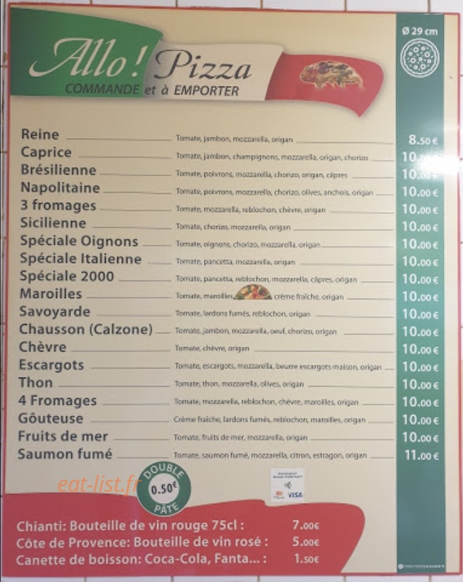 Allo Pizza — carte page 1