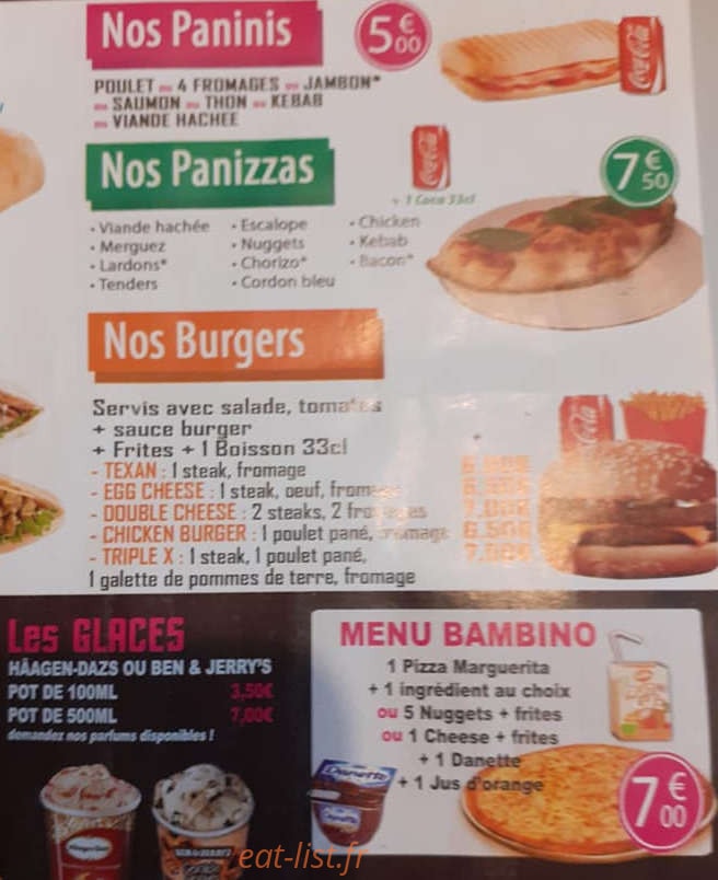 Carte et menu de Chrono Pizza à Bohain en Vermandois — Les paninis, burgers et glaces,...