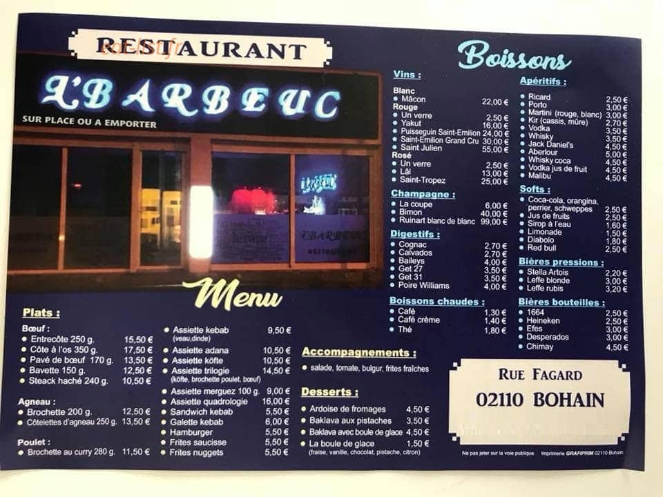 Carte et menu de L’barbeuc à Bohain en Vermandois — Plats, accompagnements, desserts,...