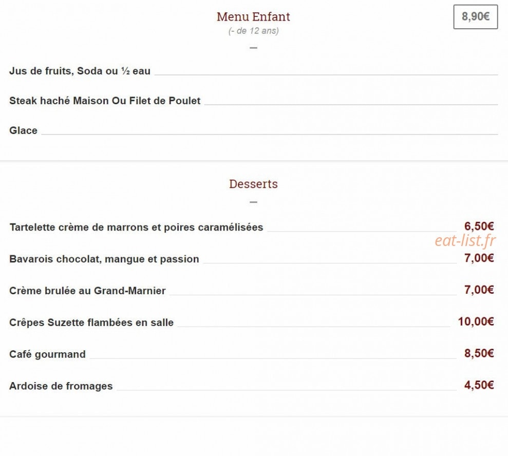 Carte et menu de Les Jardins de Bohain à Bohain en Vermandois — Menu enfant et desserts