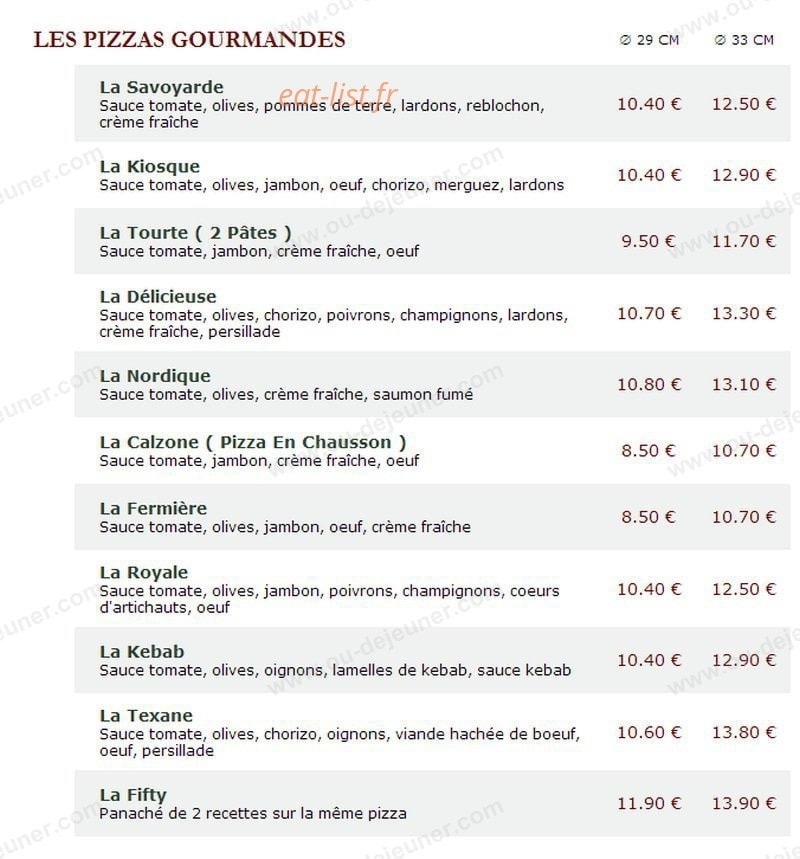 Carte et menu de Le Kiosque à Pizzas à Fere en Tardenois — Les pizzas gourmandes