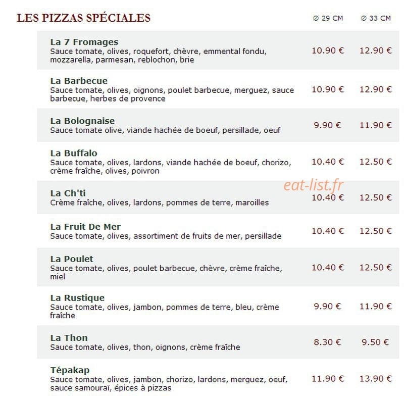 Carte et menu de Le Kiosque à Pizzas à Fere en Tardenois — Les pizzas spéciales