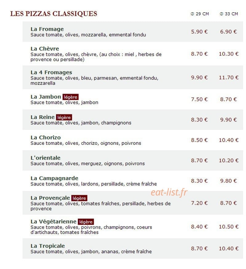 Carte et menu de Le Kiosque à Pizzas à Fere en Tardenois — Les pizzas classiques