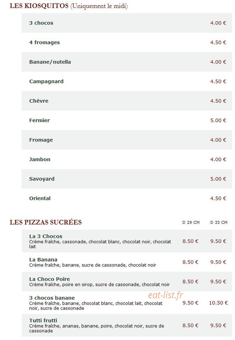 Carte et menu de Le Kiosque à Pizzas à Fere en Tardenois — Les kiosquitos et pizzas sucrées