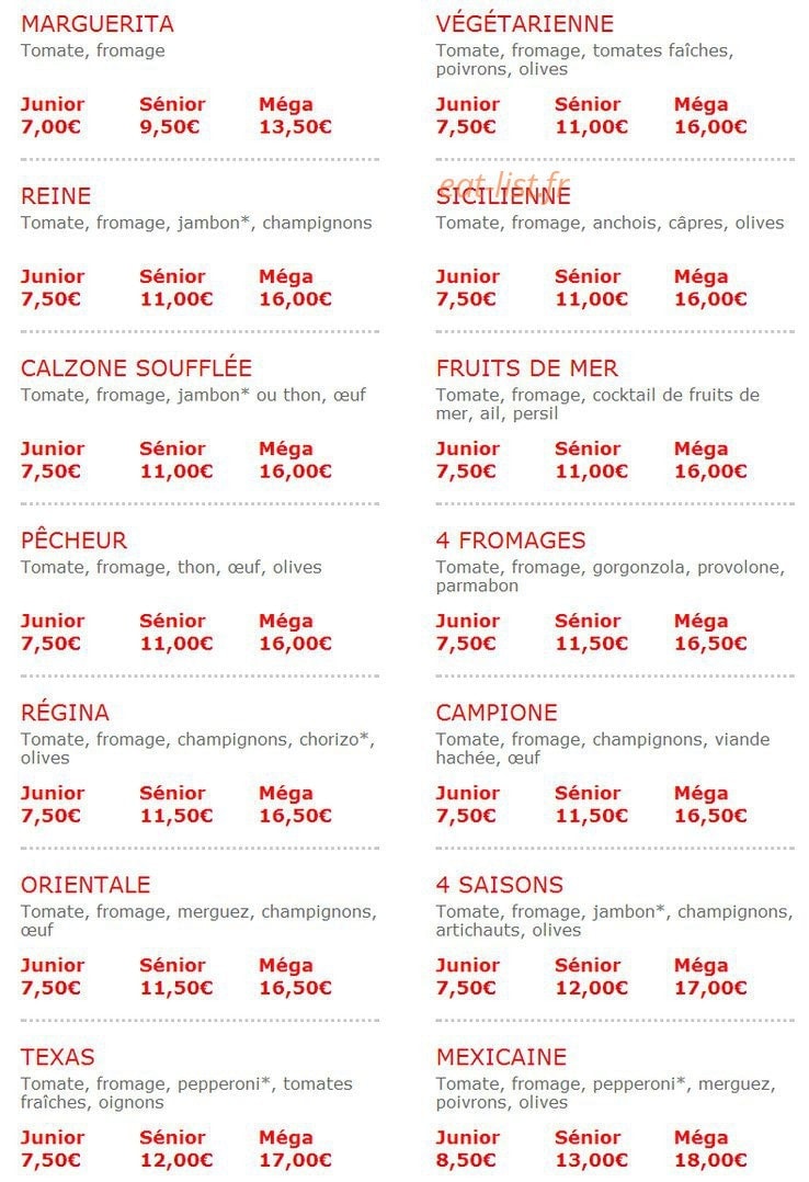 Carte et menu de Pizza Wino à Fere en Tardenois — Les pizzas