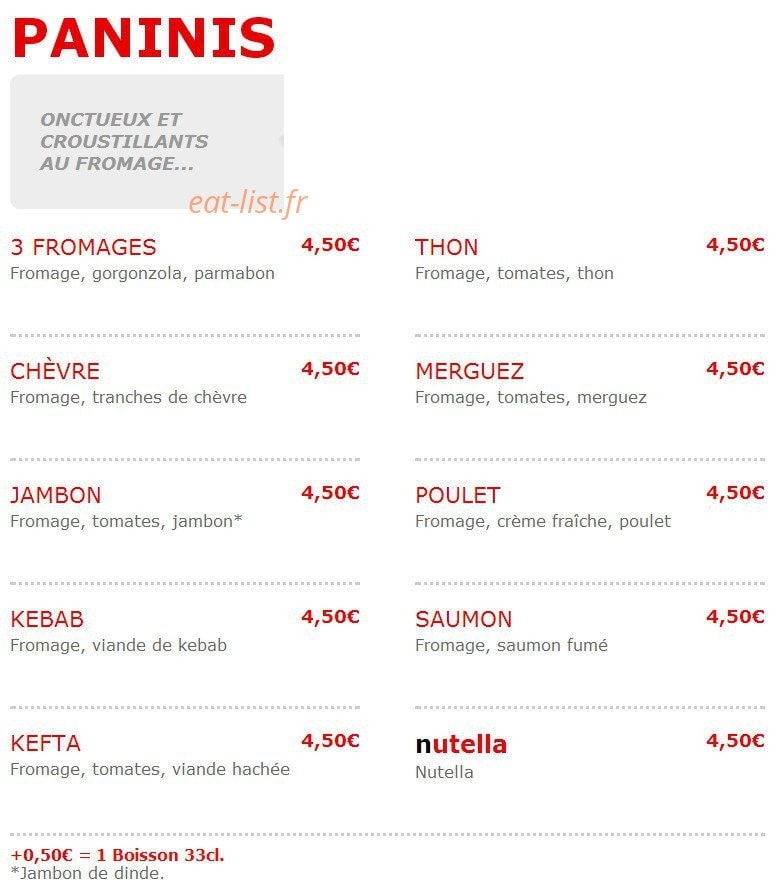Carte et menu de Pizza Wino à Fere en Tardenois — Les paninis