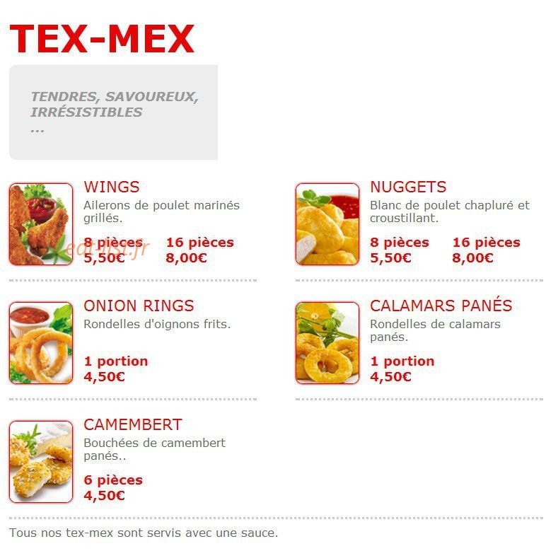 Carte et menu de Pizza Wino à Fere en Tardenois — Les tex mex