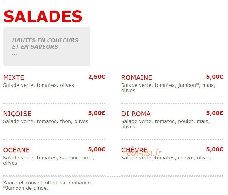 Carte et menu de Pizza Wino à Fere en Tardenois — Les salades