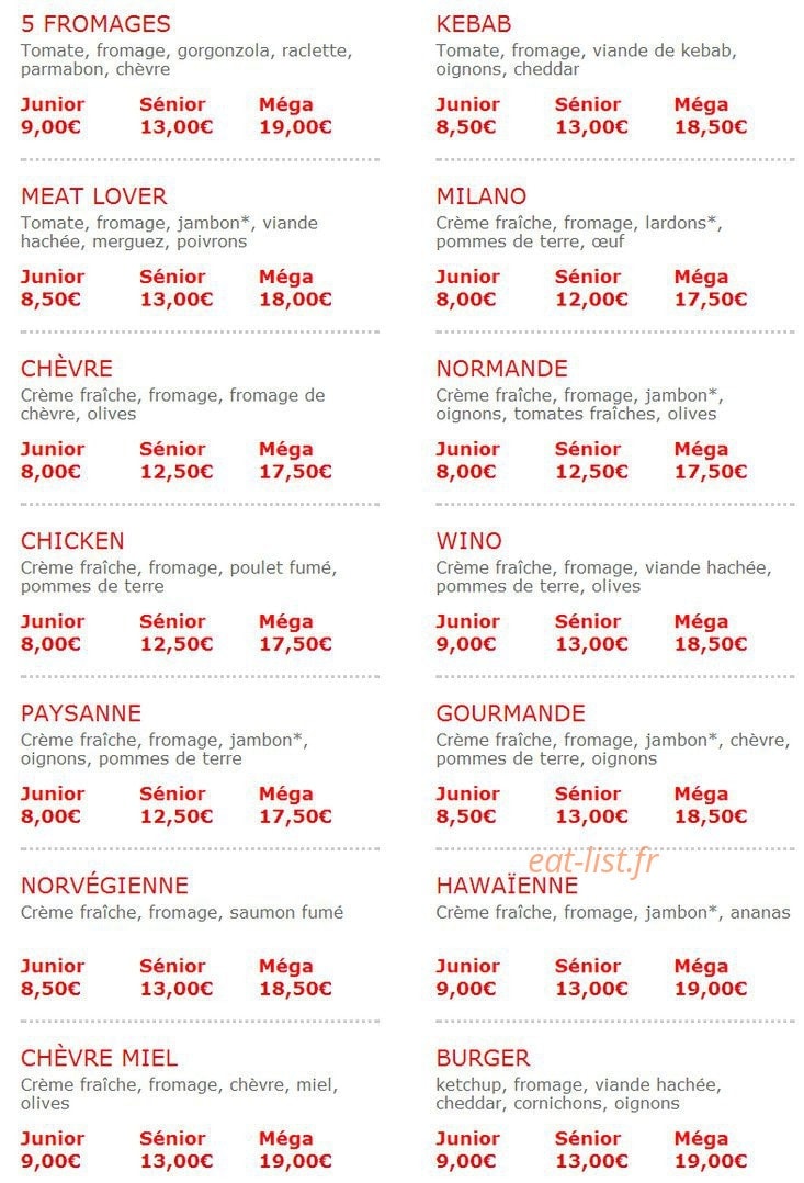 Carte et menu de Pizza Wino à Fere en Tardenois — Les pizzas suite