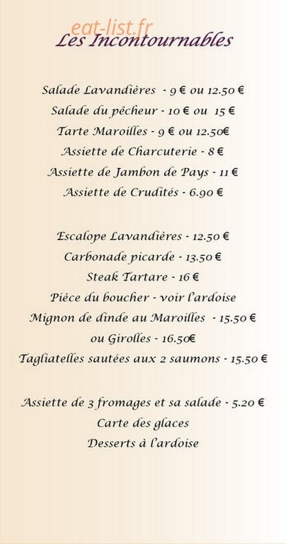Carte et menu de Les lavandieres à Fontaine les Vervins — Les incontournables