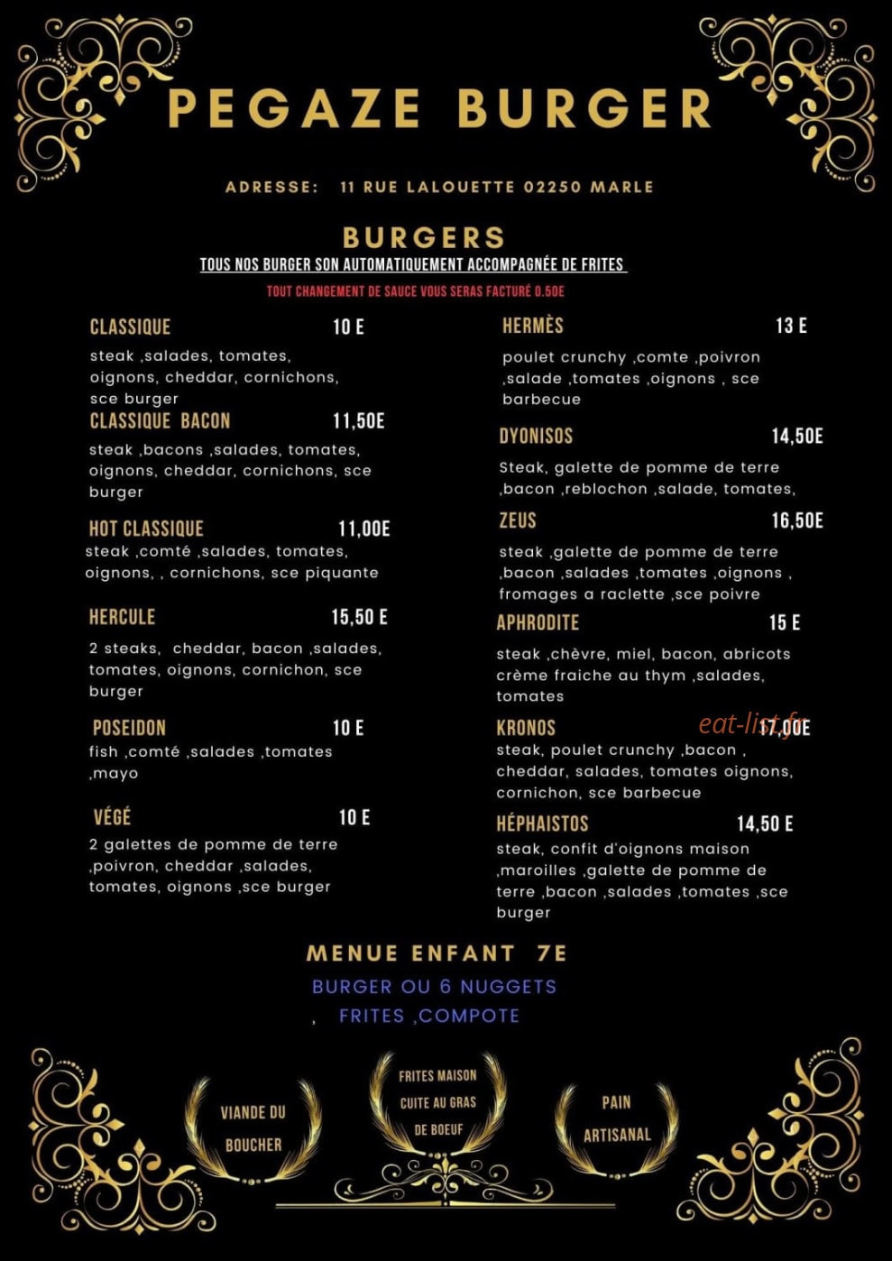Pégaze Burger — carte page 1