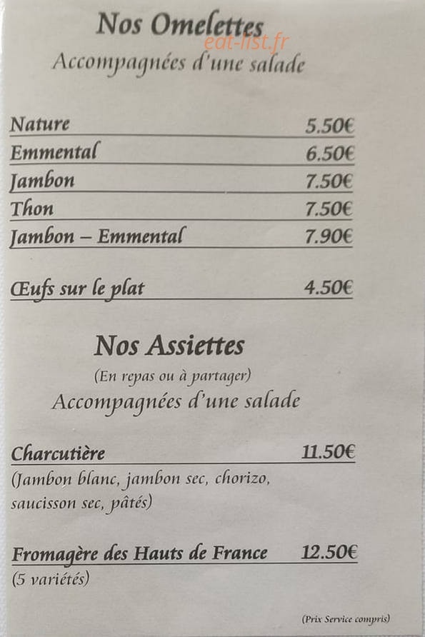 Carte et menu de Estaminet Tio't Nes't à Nouvion et Catillon — Les omelettes et assiettes
