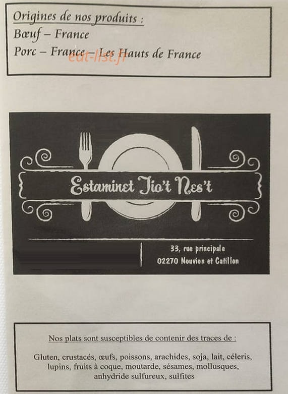 Carte et menu Estaminet Tio't Nes't Nouvion et Catillon