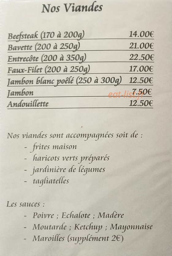 Carte et menu de Estaminet Tio't Nes't à Nouvion et Catillon — Les viandes