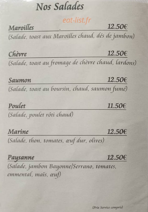 Carte et menu de Estaminet Tio't Nes't à Nouvion et Catillon — Les salades